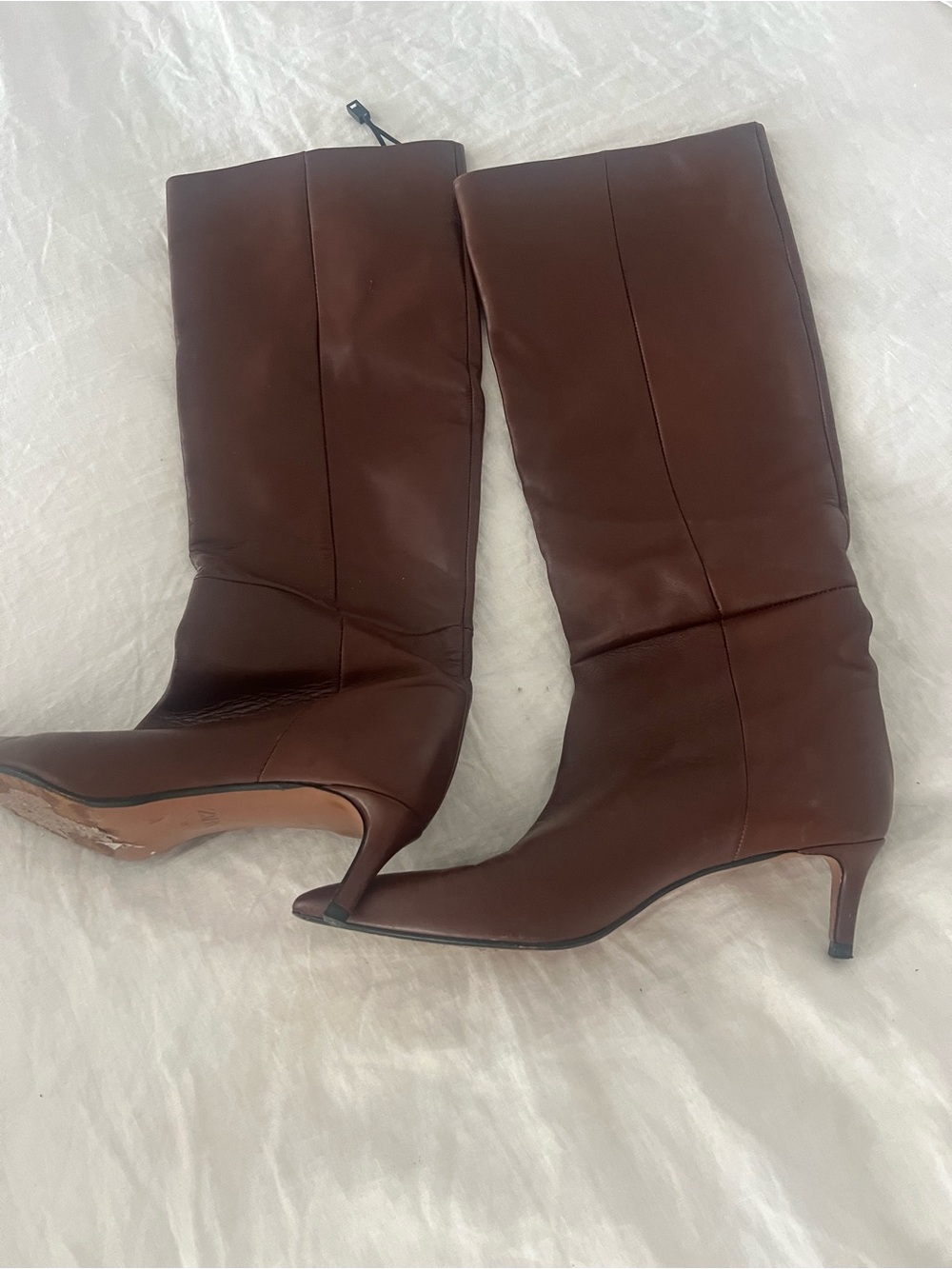 Zara Brown Leather Mid-Calf Kitten Heel Boots